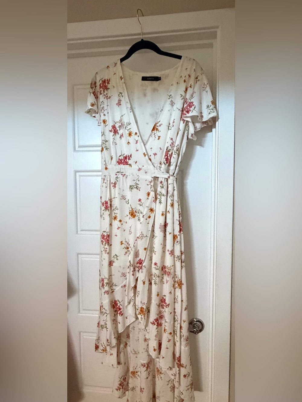 Floral Cream Wrap Maxi Dress with Pink & Mustard Blooms
